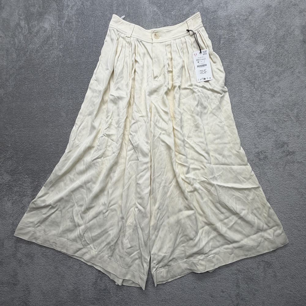 Zara Pants Womens XS‎ White Crepe Wide Leg Cropped Relaxed Pleated Trousers New